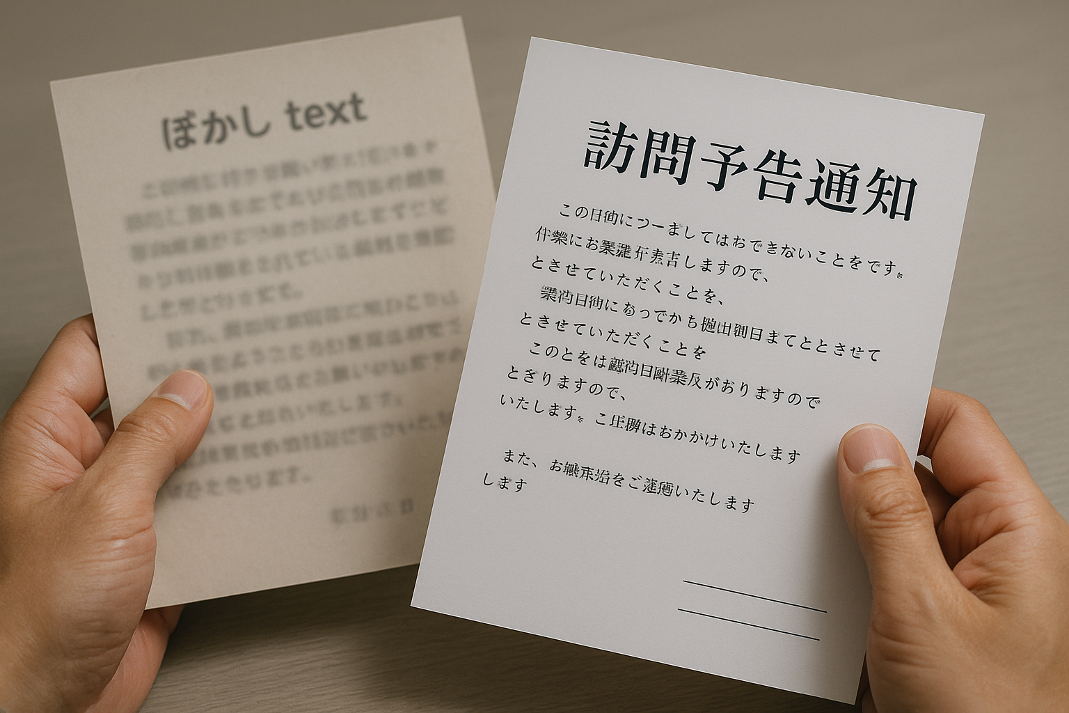本物と偽物の通知書を見比べている様子の写真。詐欺かどうかを見分けるポイントを解説している。