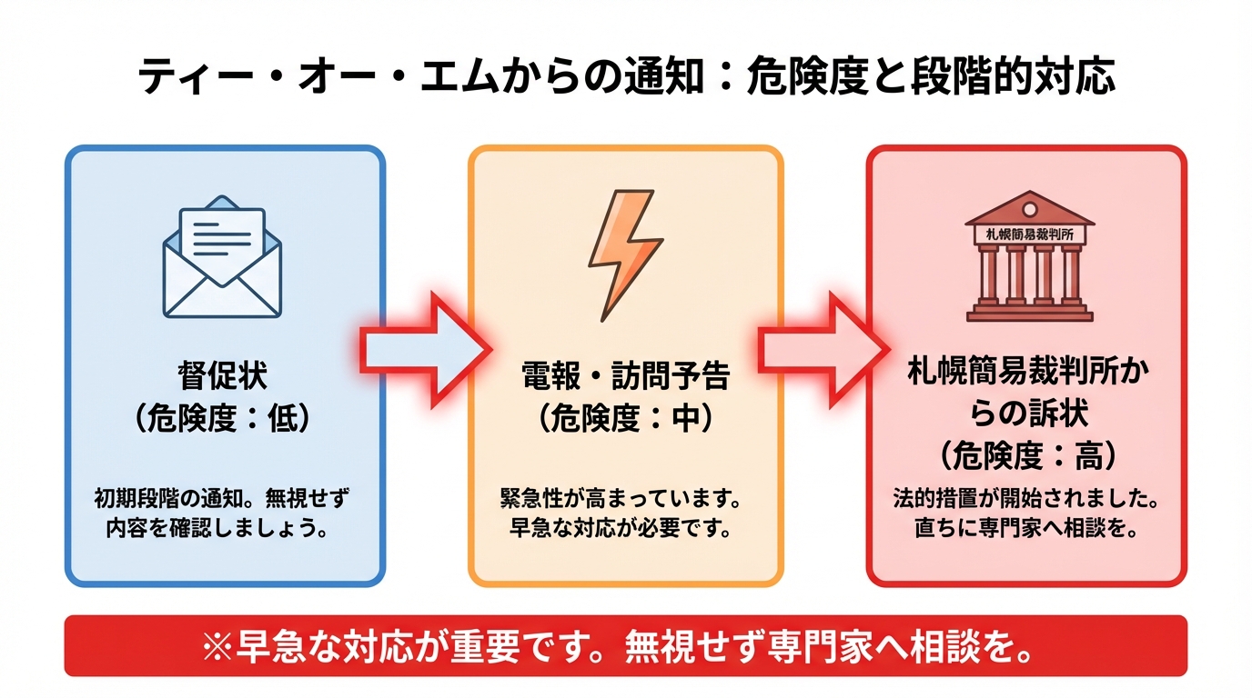 ティー・オー・エムからの通知の種類と危険度を示す図解。督促状から裁判所の訴状へと段階的に深刻化する流れを表している。