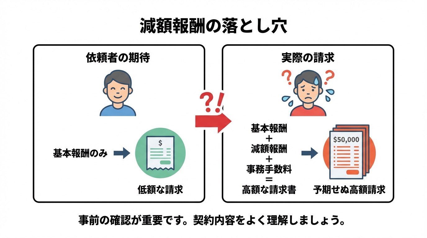 減額報酬の仕組みを図解。基本報酬に加えて減額報酬などが追加され、総額が高くなる様子を示している。