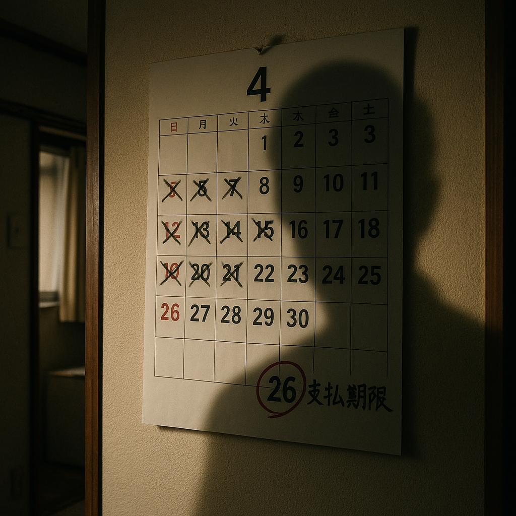 カレンダーの支払期限に赤い丸がつけられ、日が経つにつれてリスクが高まる様子を暗示する画像。