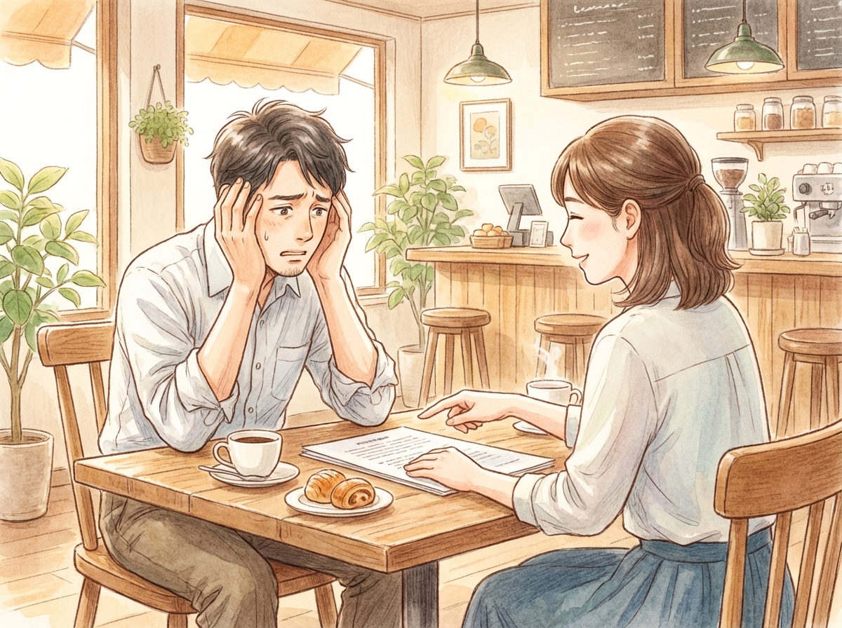 司法書士が相談者の悩みに親身に耳を傾けている相談風景のイラスト