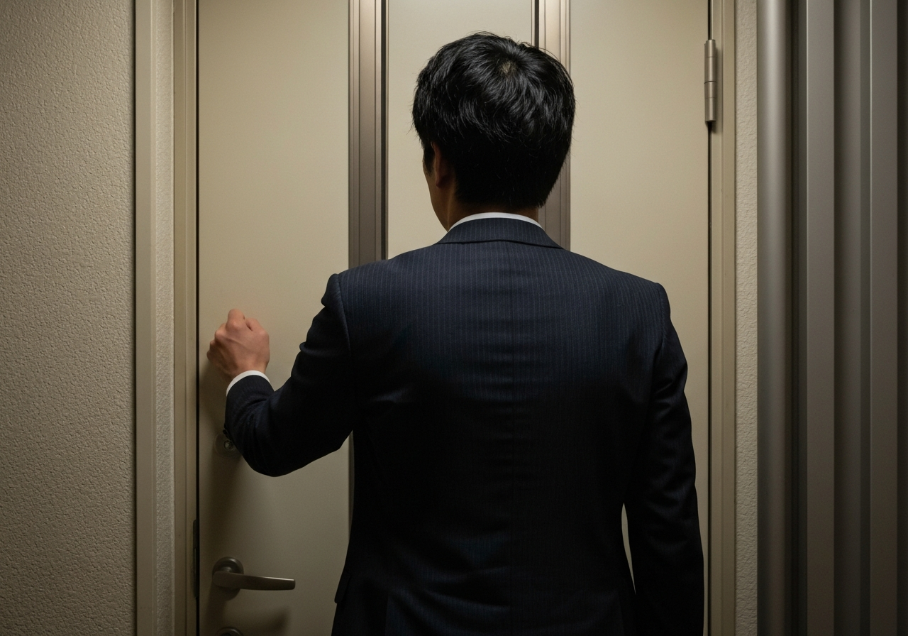 自宅に訪問督促に来た担当者。通知を無視すると実際に訪問されるリスクがあることを表している。