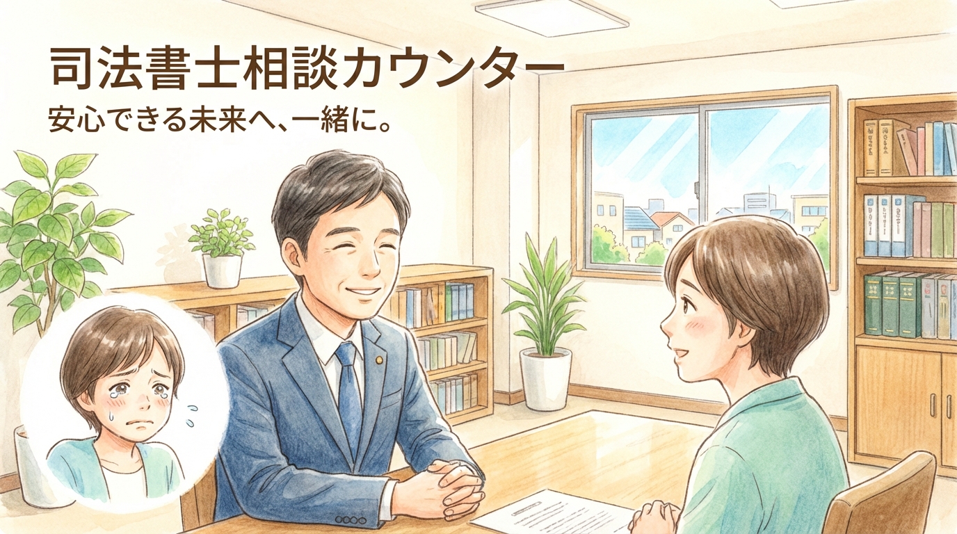 行政書士に依頼して失敗し、かなた法務事務所に相談に来て安心している相談者のイラスト