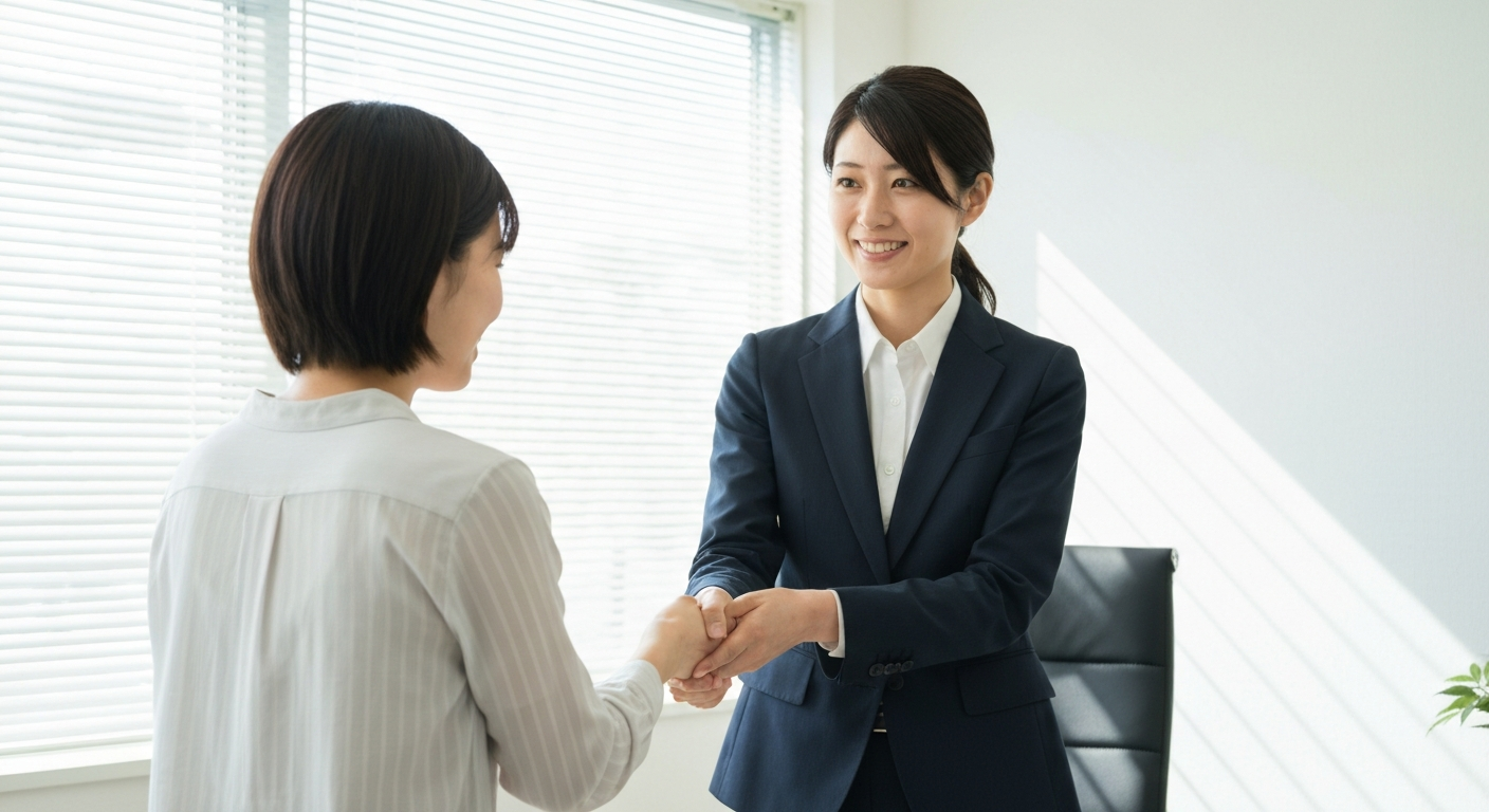 司法書士と相談者が握手をしている写真。専門家への相談によって問題が解決し、安心した様子を表している。