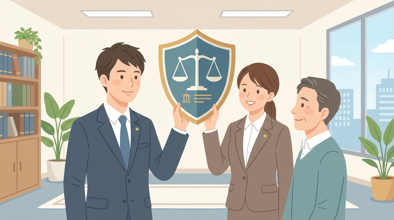 司法書士が相談者の盾となり、ティー・オー・エムからの督促から守る様子を描いた安心感のあるイラスト。