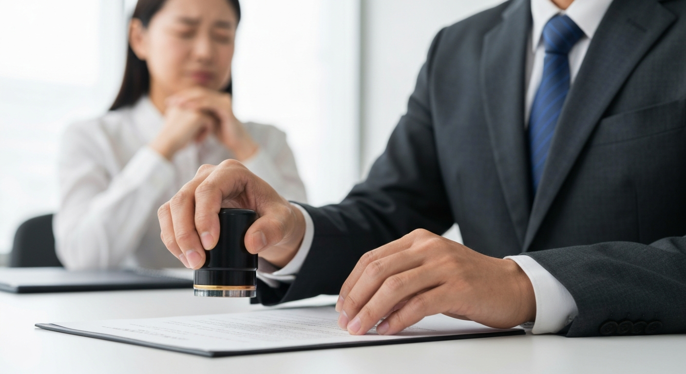 司法書士が書類に判を押している様子。専門家に依頼することで督促が止まり、安心できることを象徴している。