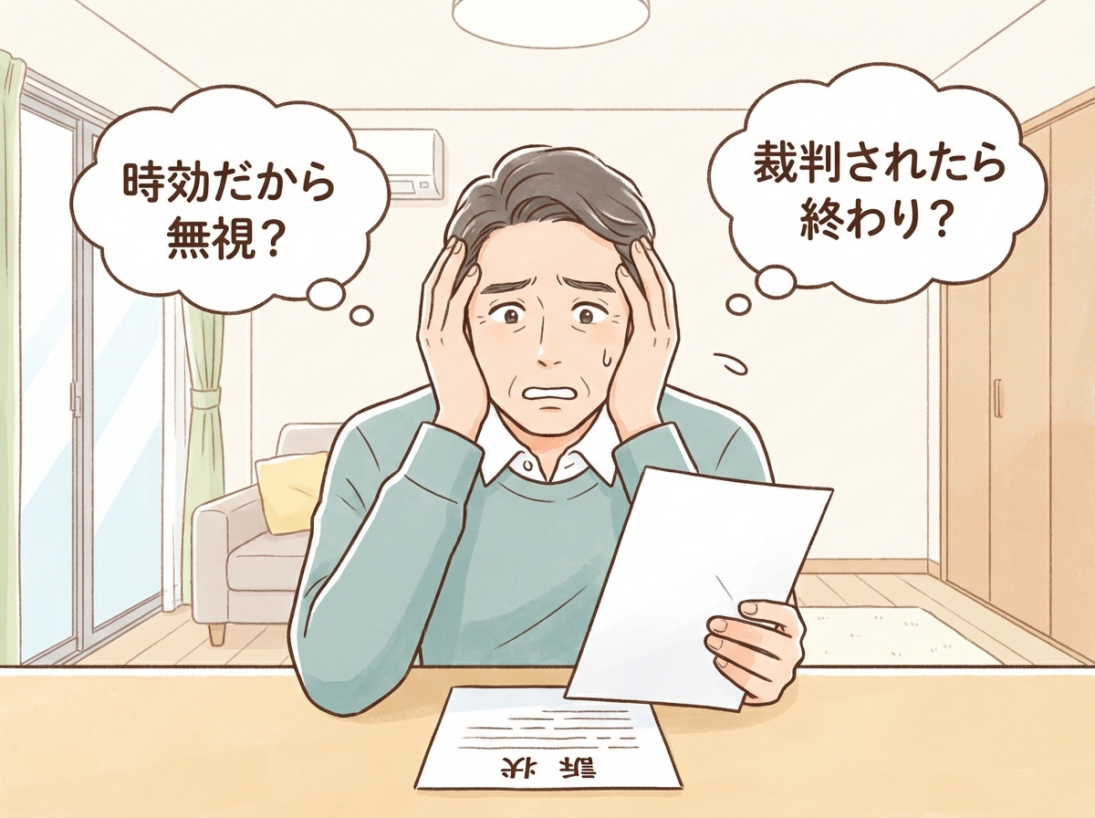 裁判所からの通知を見て「時効だから無視していいのか」「裁判されたら終わりなのか」と混乱し悩む男性のイラスト。