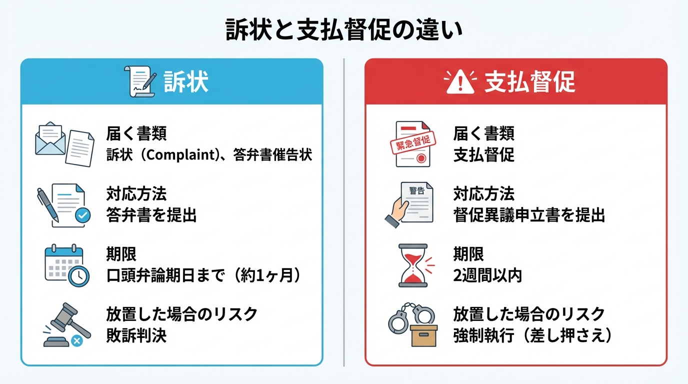 「訴状」と「支払督促」の違いを比較する図解。対応方法、期限、放置した場合のリスクを分かりやすく解説。
