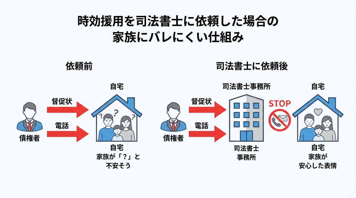 司法書士に時効援用を依頼すると、受任通知によって債権者からの連絡が止まり、家族にバレるリスクがなくなる仕組みの図解。