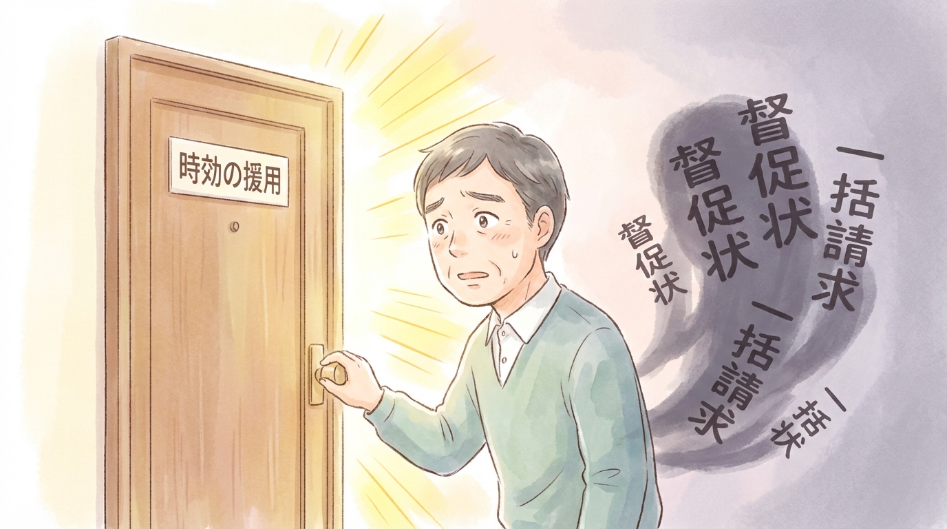 時効援用が失敗するのではないかと不安に思い、手続きに踏み出せないでいる男性のイラスト。