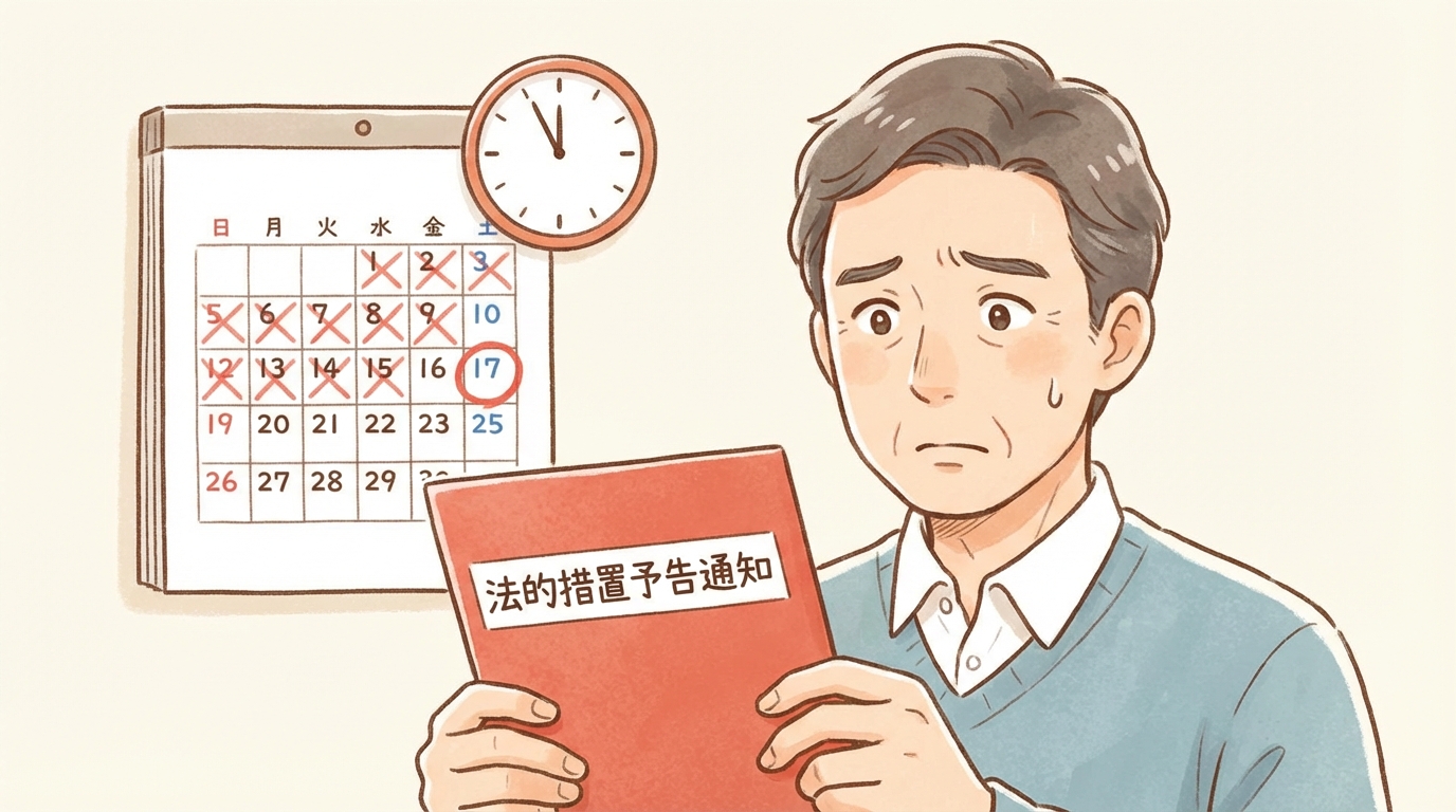 オリンポス債権回収から届いた「法的措置予告通知」を手に持ち、不安な表情を浮かべる男性のイラスト。