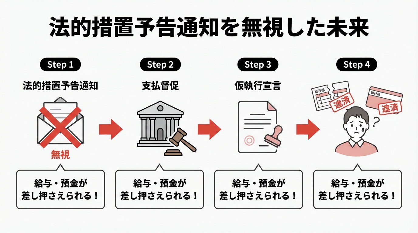 オリンポス債権回収の通知を無視した場合の、支払督促から差し押さえまでの流れを図解したインフォグラフィック。