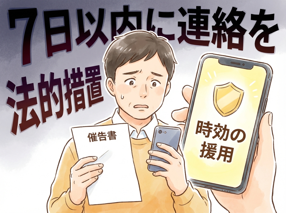 日本橋さくら法律事務所からの催告書を見て不安になる男性が、スマホで時効の援用という解決策を見つけ、希望の光が差している様子を描いたイラスト。