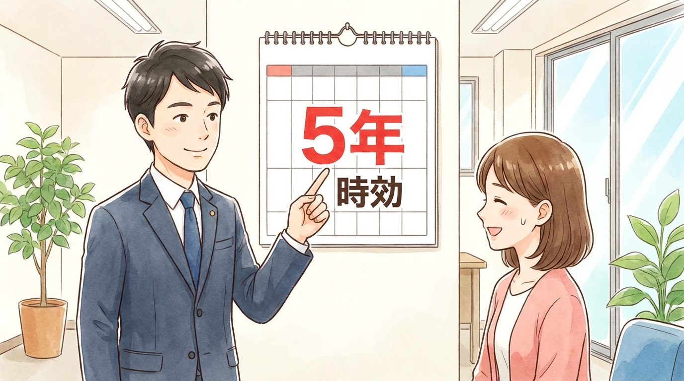 司法書士がカレンダーを指差し、借金の時効期間が5年であることを説明しているイラスト。