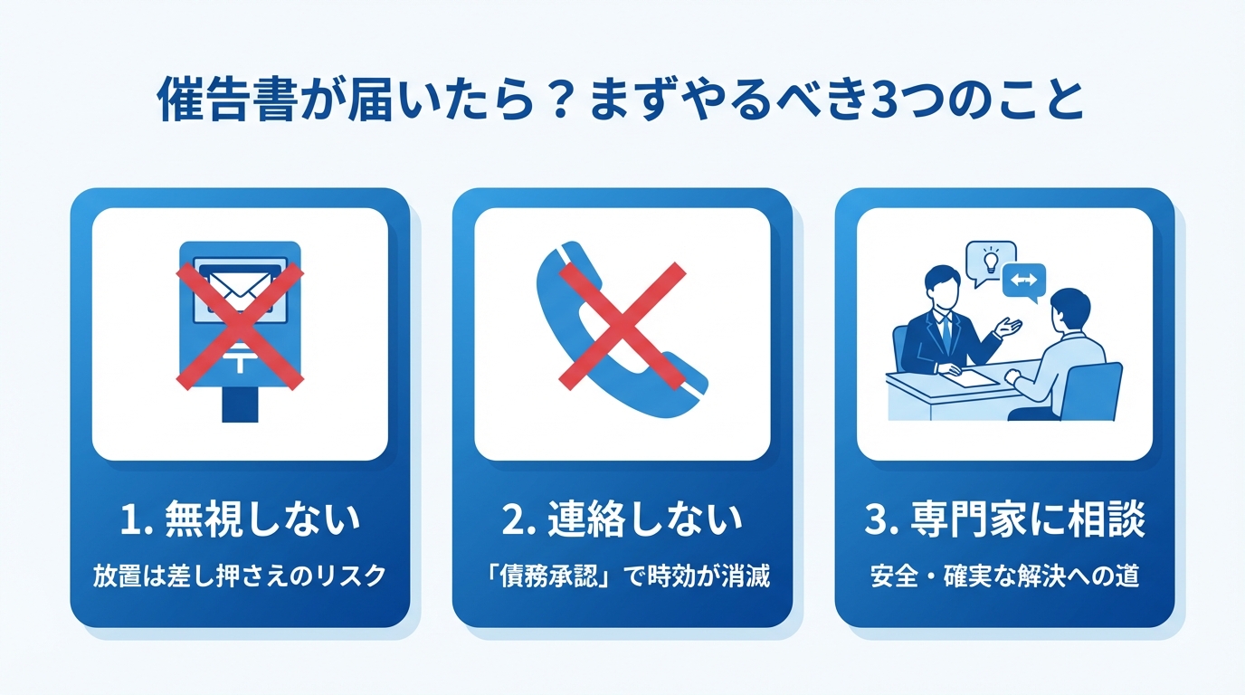 日本橋さくら法律事務所からの催告書が届いた時にやるべき3つのこと。1.無視しない、2.連絡しない、3.専門家に相談する、というステップがアイコンと共に図解されている。