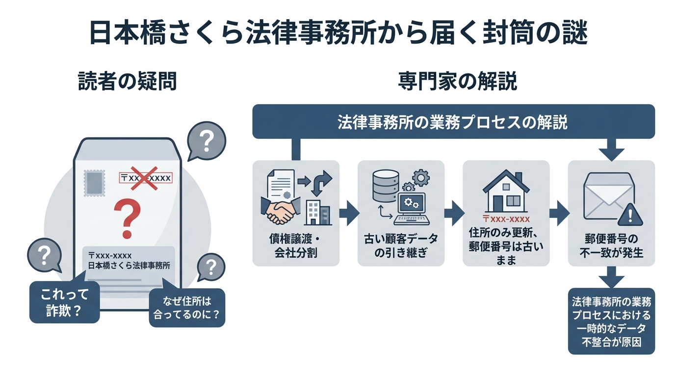 日本橋さくら法律事務所から届く郵便番号が違う封筒の理由を図解したインフォグラフィック。債権譲渡により古いデータが引き継がれ、郵便番号の不一致が発生する仕組みを解説。
