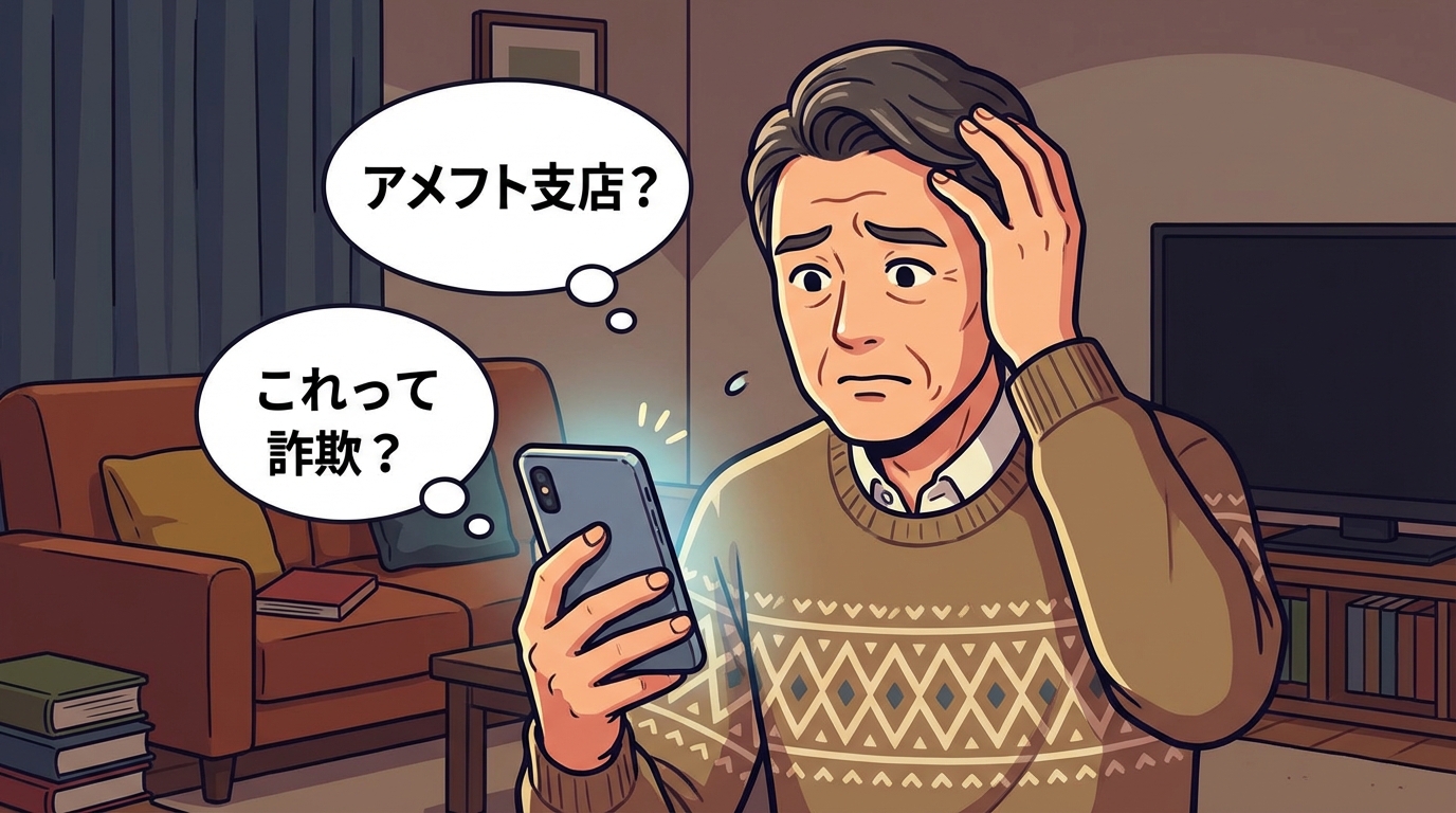 中央債権回収からの通知に記載された「アメフト支店」という見慣れない名前に困惑し、詐欺ではないかと疑う男性のイラスト。