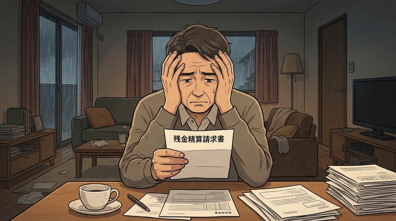 中央債権回収から届いた「残金精算請求書」を手に、深刻な表情で悩む男性のイラスト。