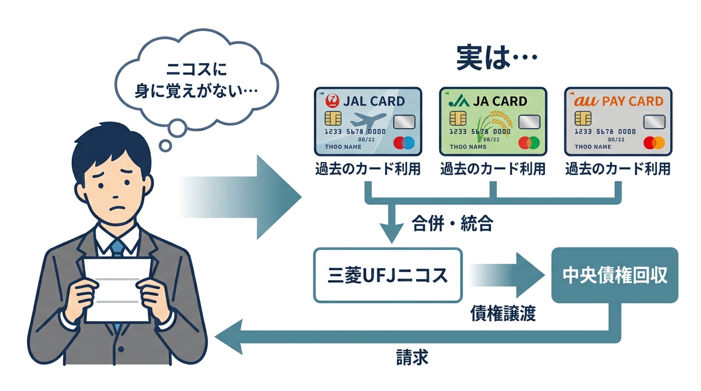 「ニコスに身に覚えがない」請求の正体を解説する図解。JALカードなどが三菱UFJニコスを経て中央債権回収に譲渡される流れを示している。