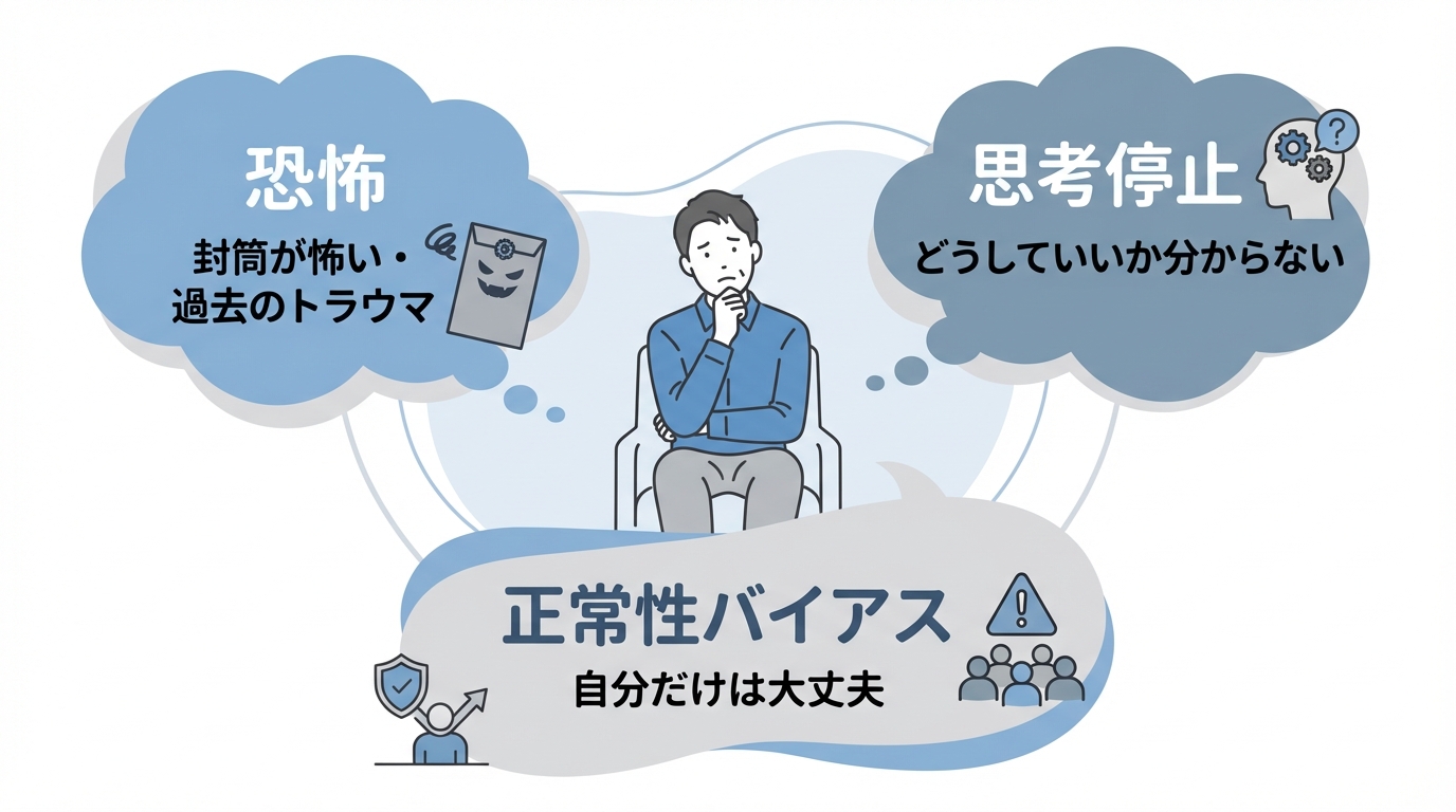 裁判所の特別送達を無視してしまう3つの心理的理由(恐怖・思考停止・正常性バイアス)を解説した図解。