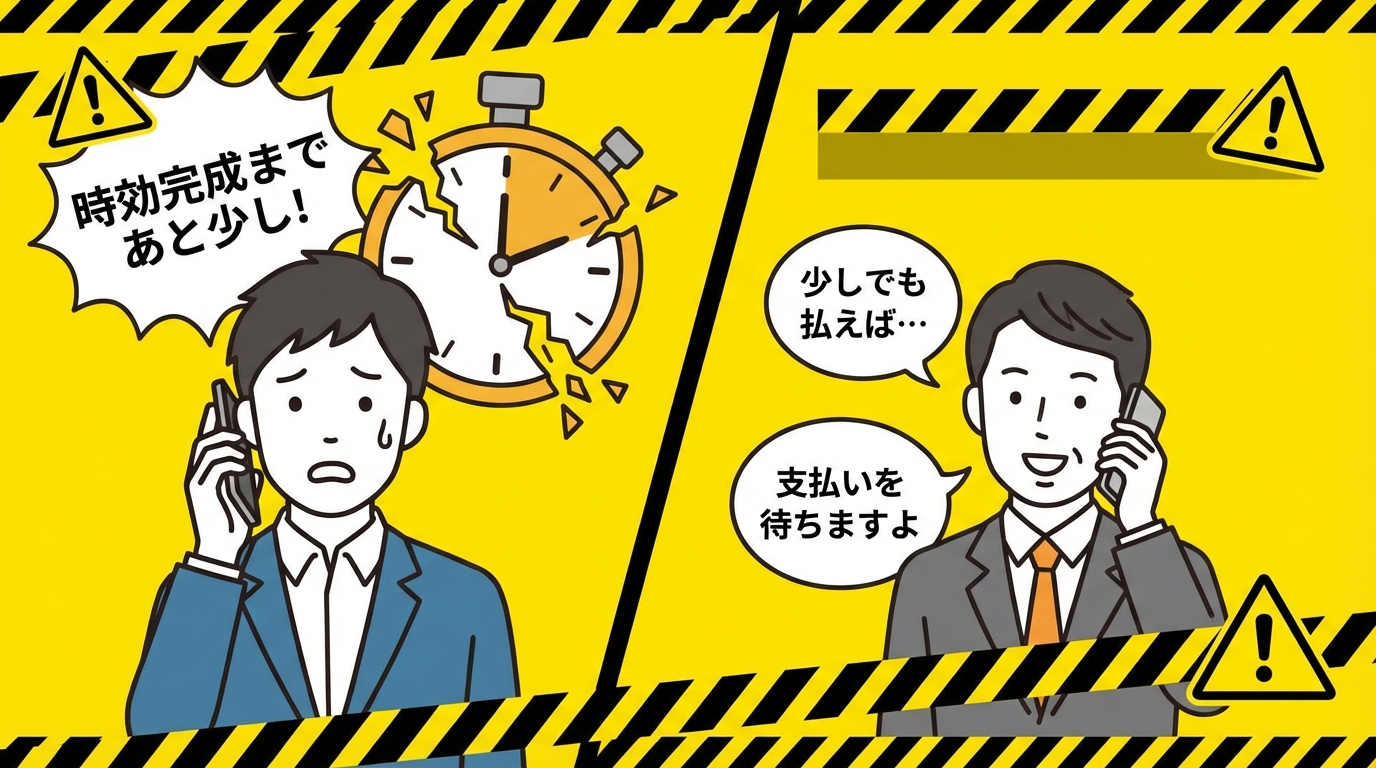 時効成立間近にもかかわらず、債権回収業者に電話をしてしまい債務承認をしてしまう危険性を描いたイラスト。