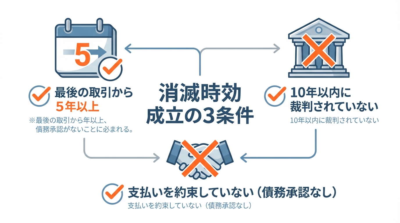 消滅時効が成立するための3つの条件（最後の取引から5年以上、10年以内に裁判されていない、債務承認をしていない）を分かりやすく図解したインフォグラフィック。