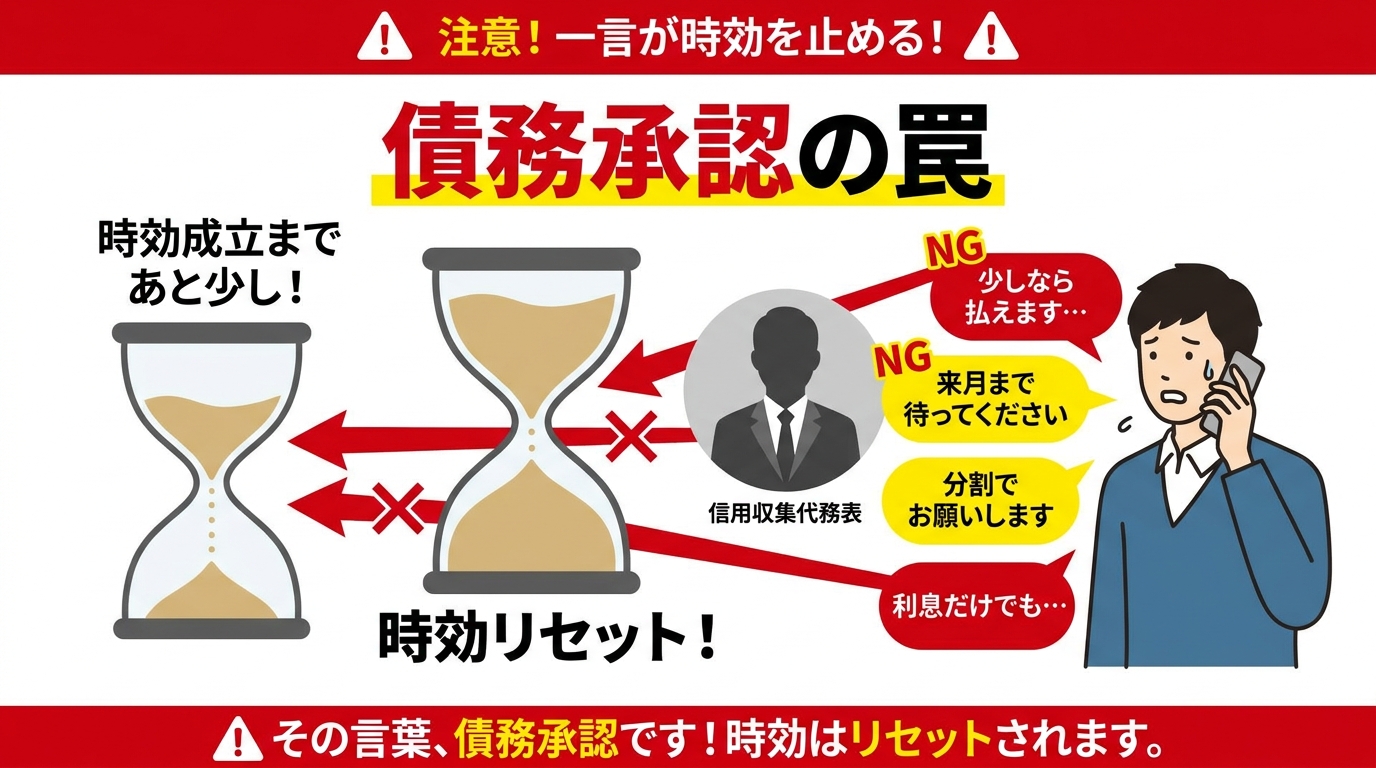 時効がリセットされる「債務承認」の罠を解説する図解。「少し払います」などの発言で時効の援用ができなくなるリスクを示している。