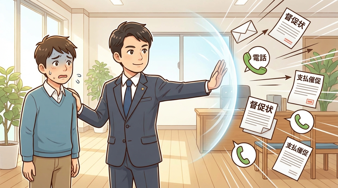 司法書士が代理人となり、債権者からの督促から依頼者を守り、安心して時効援用の手続きを進められることを示すイラスト。
