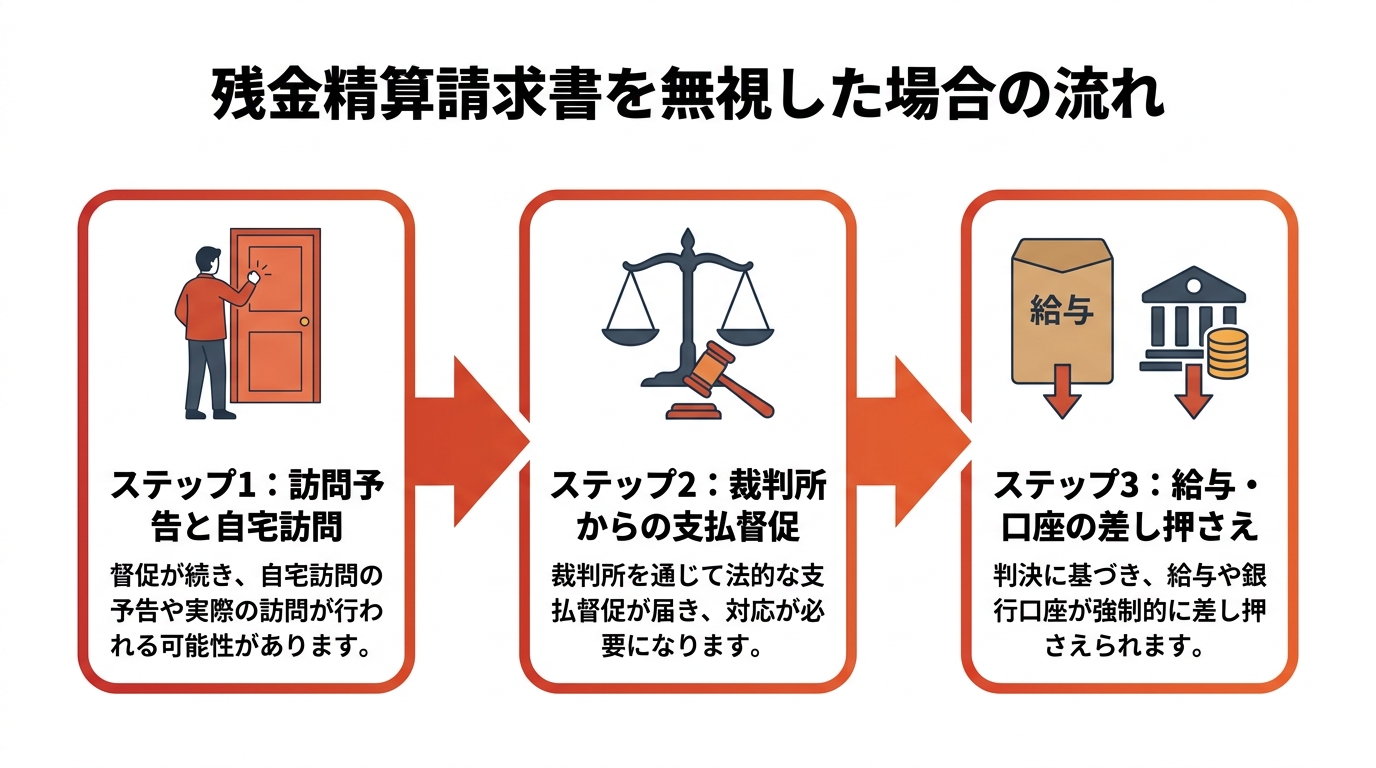「残金精算請求書」を無視した場合に起こる3つのこと。ステップ1は自宅訪問、ステップ2は裁判所からの通知、ステップ3は給与や口座の差し押さえ。