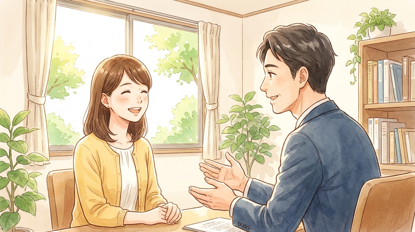 司法書士に相談し、安心した表情を浮かべる相談者。専門家に任せることで精神的な平穏を取り戻せることを示している。