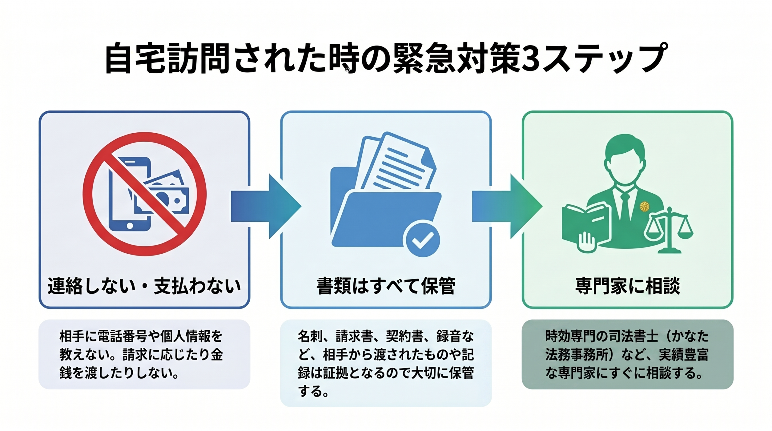 自宅訪問された時の緊急対策3ステップのインフォグラフィック図解。ステップ1:連絡しない・支払わない(相手に電話番号や個人情報を教えない)。ステップ2:書類はすべて保管(名刺、請求書、契約書、録音など)。ステップ3:専門家に相談(時効専門の司法書士・かなた法務事務所など、実績豊富な専門家にすぐに相談する)