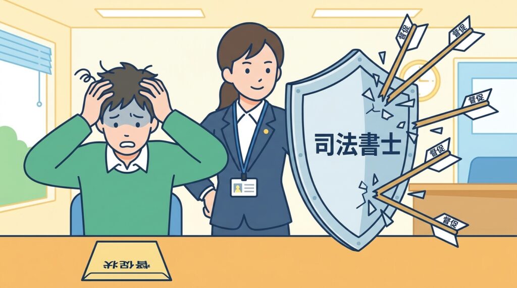 督促状や手紙を盾で防ぐ司法書士のイラスト。行政書士との違いである受任通知の効力を表現