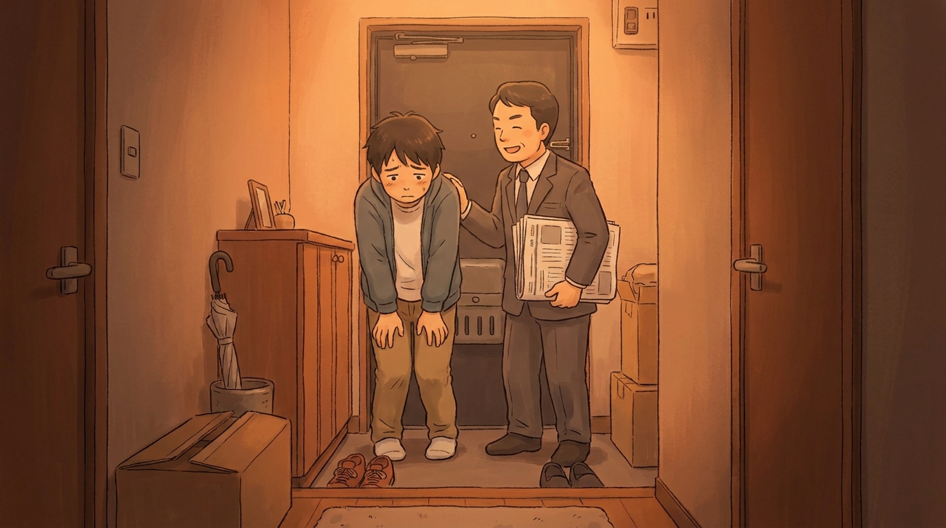 大学時代に新聞の押し売りに負けて契約してしまった苦い経験を象徴するイラスト