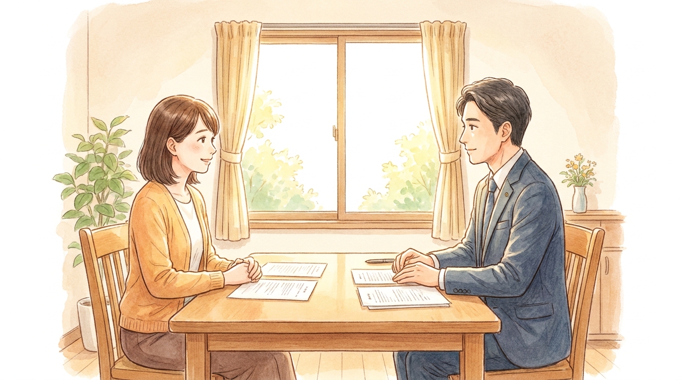 司法書士が相談者のペースに合わせて親身に話を聞いている安心感のある相談風景