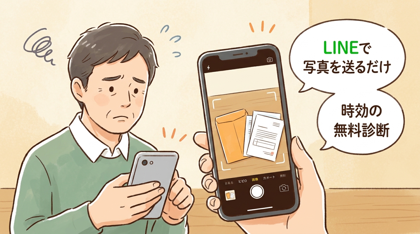 スマートフォンのLINEでアイアール債権回収から届いた書類の写真を送り、時効の無料診断を申し込んでいる様子。