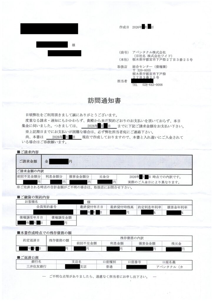 アペンタクル株式会社が自宅訪問時にポストへ投函していった『訪問通知書』の実物（2026年3月作成）。『本日集金に伺いました』という文面と共に、本社および総合センター債権課（栃木県宇都宮市下戸祭2丁目3番25号）の住所や連絡先（028-643-0008）、三井住友銀行の返済口座などが詳細に記載されている