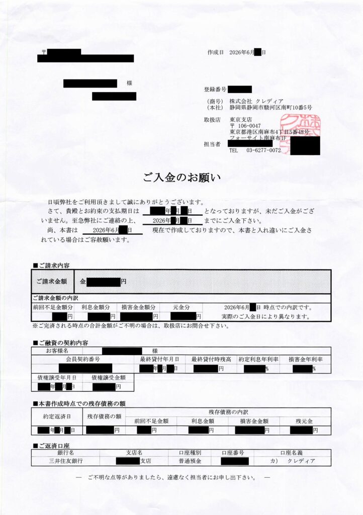 株式会社クレディアから届く『ご入金のお願い』の通知書実物画像（2026年6月）。静岡市駿河区南町の本社住所のほか、取扱店として東京支店（東京都港区南麻布4丁目5番48号 フォーサイト南麻布1F）の住所や連絡先（03-6277-0072）、三井住友銀行の振込口座などが記載されている