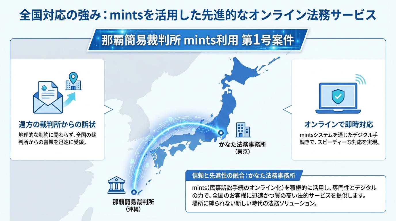 東京の司法書士事務所が、裁判所のオンラインシステムmintsを利用して沖縄の那覇簡易裁判所の案件に対応したことを示す図解。