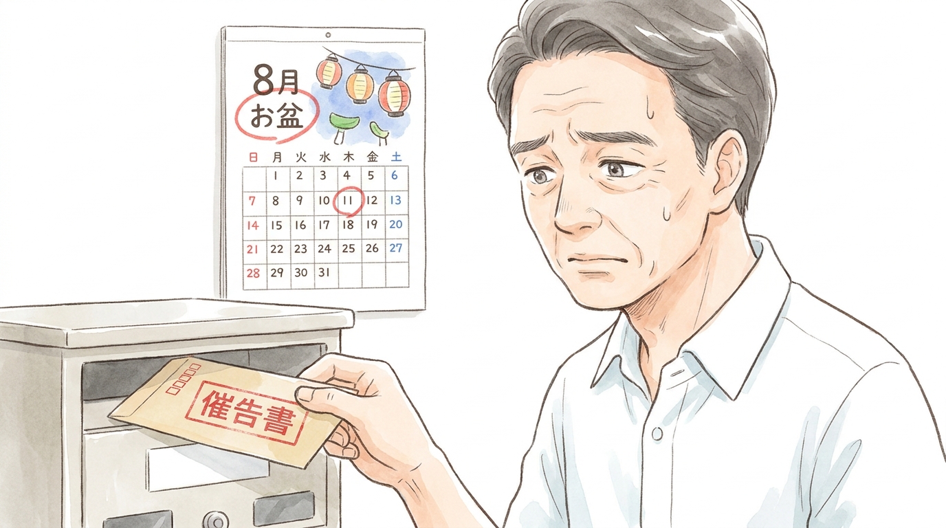 日本橋さくら法律事務所からの催告書を受け取り不安そうな男性。お盆の時期に督促が増える可能性を示唆している。