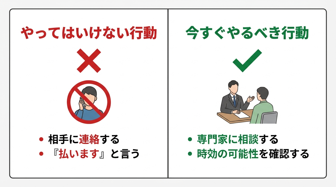 日本橋さくら法律事務所から督促が来た際のやってはいけない行動（連絡）とやるべき行動（専門家への相談）を比較した図解。
