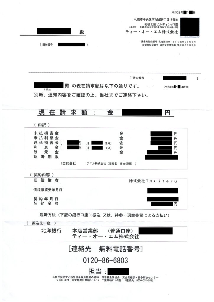 ティー・オー・エム株式会社から届いた最新の現在請求額通知書面