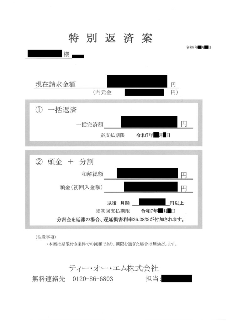 ティー・オー・エム株式会社から同封されて届いた「特別返済案」の提案書面