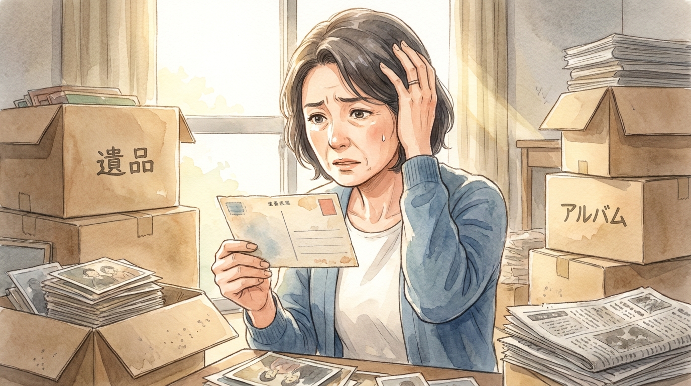 故人宛ての請求ハガキを見て困惑する遺族のイラスト