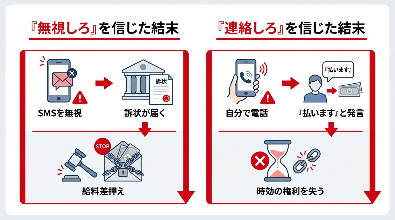 Yahoo!知恵袋の誤ったアドバイスがもたらす2つの結末。「無視しろ」を信じると給料差押えに、「連絡しろ」を信じると時効の権利を失うリスクを図解。