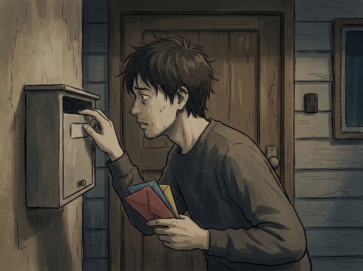 アウロラ債権回収から色のついた封筒を受け取り、不安な表情を浮かべる男性のイラスト。