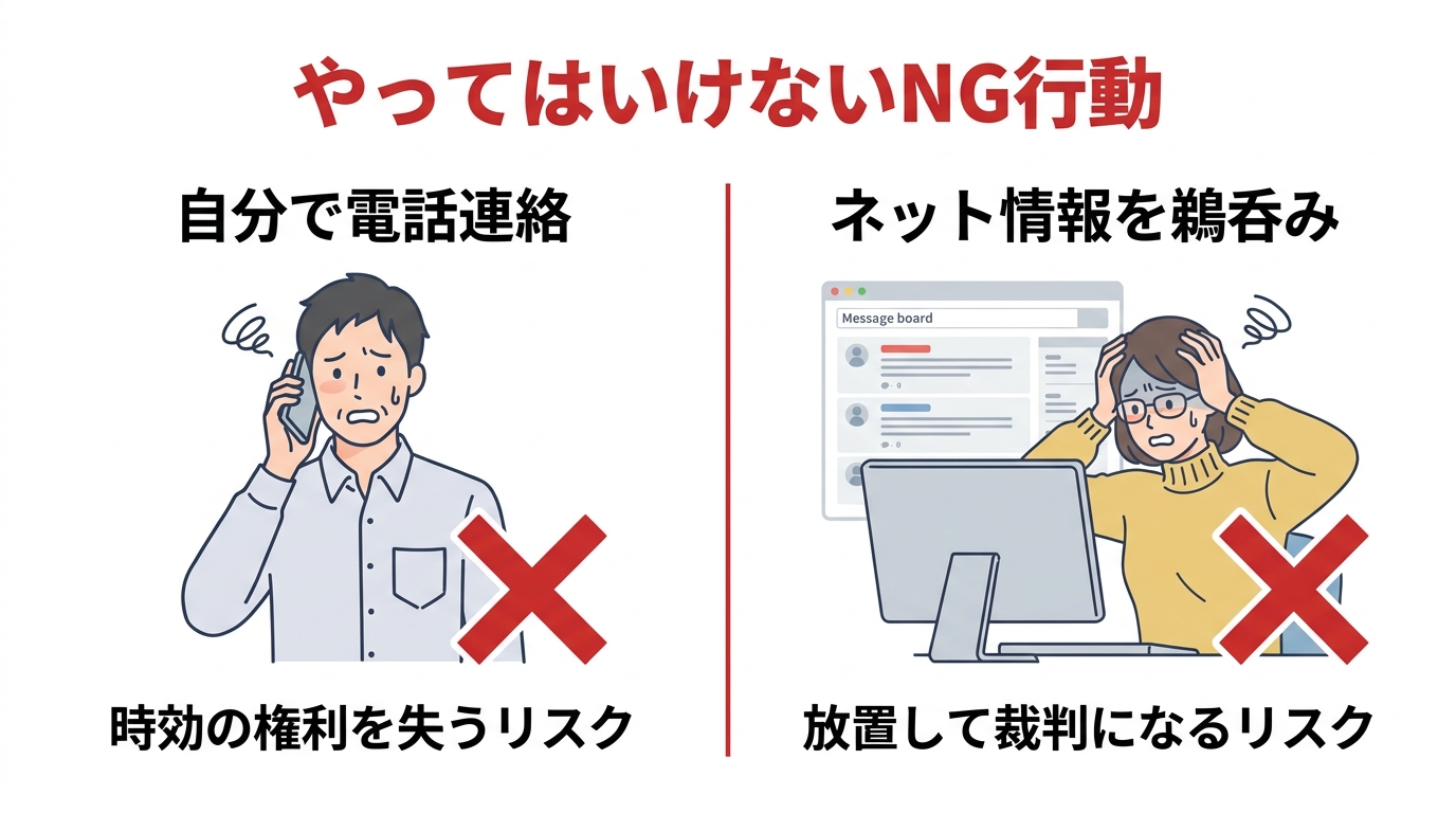 アウロラ債権回収の封筒が届いた際のNG行動。自分で電話することとネット情報を鵜呑みにすることのリスクを示した図解。