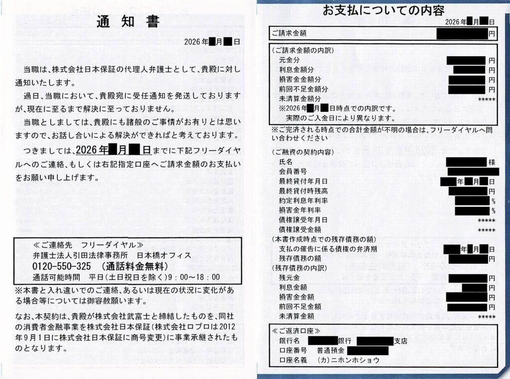 弁護士法人引田法律事務所から圧着ハガキで届く「通知書」の裏面現物画像（2026年）。請求金額の内訳やフリーダイヤルが記載