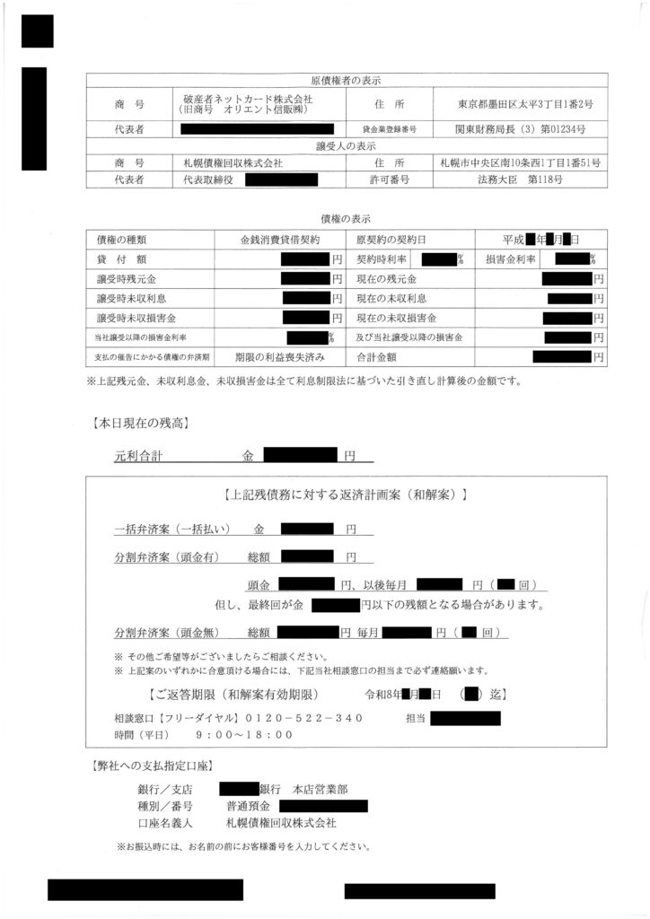 札幌債権回収の債務弁済計画の提案書に記載された具体的な和解案の現物