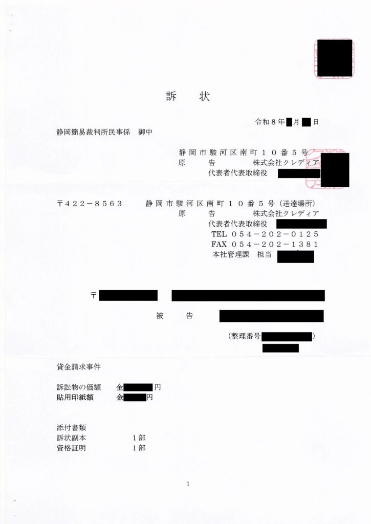 静岡簡易裁判所から届く株式会社クレディアからの貸金請求事件の訴状現物