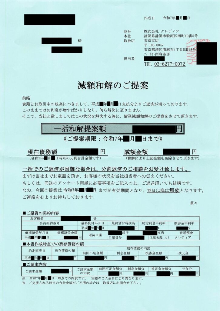 株式会社クレディア東京支店から届く緑地の「減額和解のご提案」書面の現物（一括和解提案額・減額金額記載）